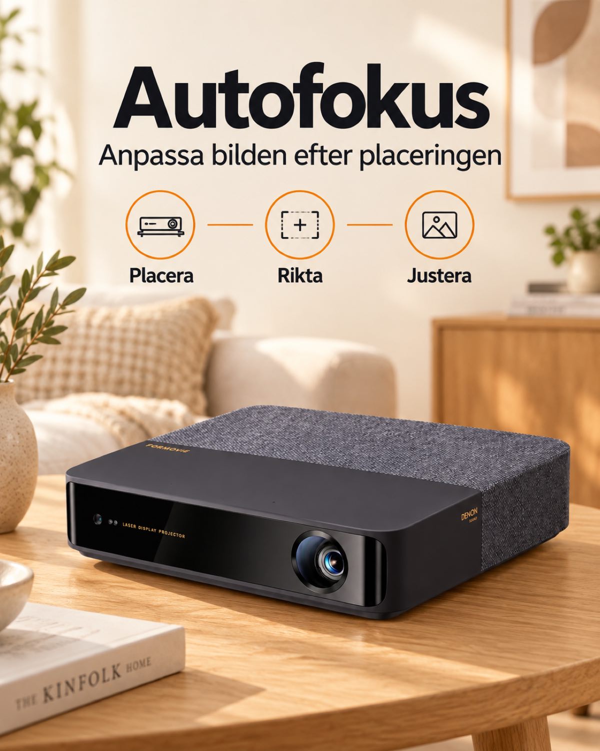 Laserprojektor Aura Laser – 1100 ANSI-lumen, Full HD 1080p, ALPD, DLP, autofokus och 2 × 5 W ljud
