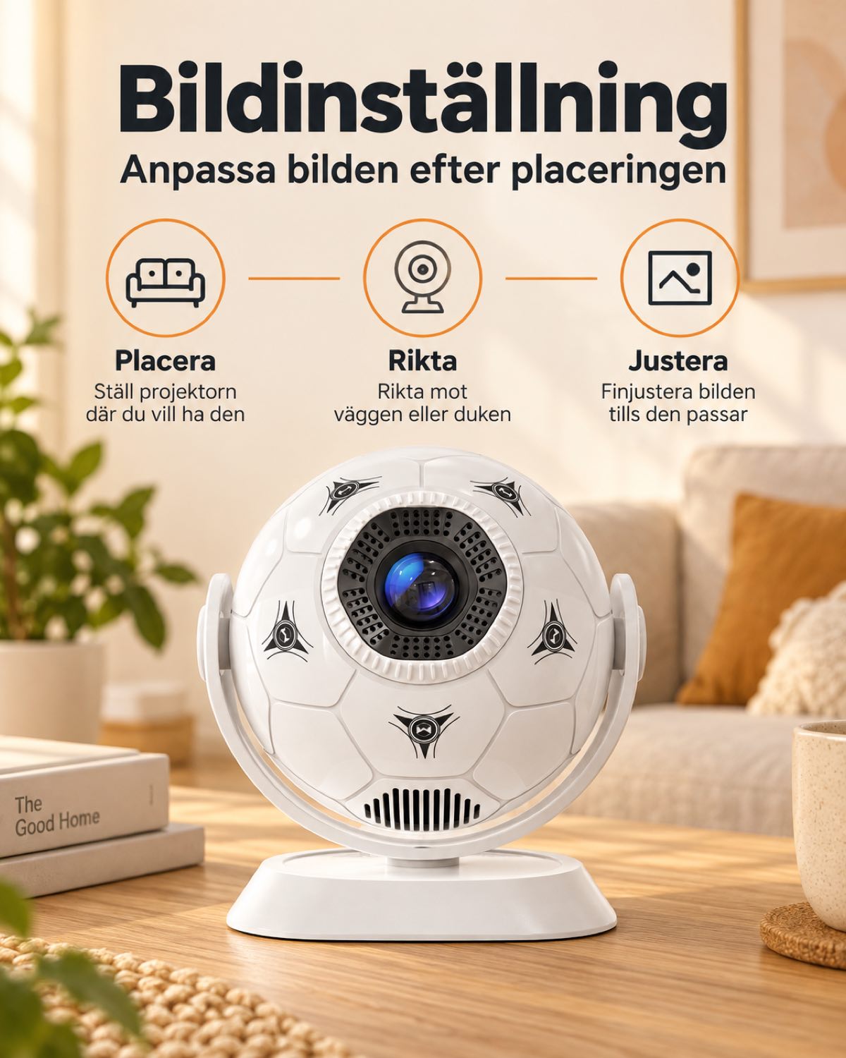 Miniprojektor Projektorland Orbit – 300 ANSI-lumen, Android 14, Wi-Fi, Bluetooth 5.4 och 35–135 tum