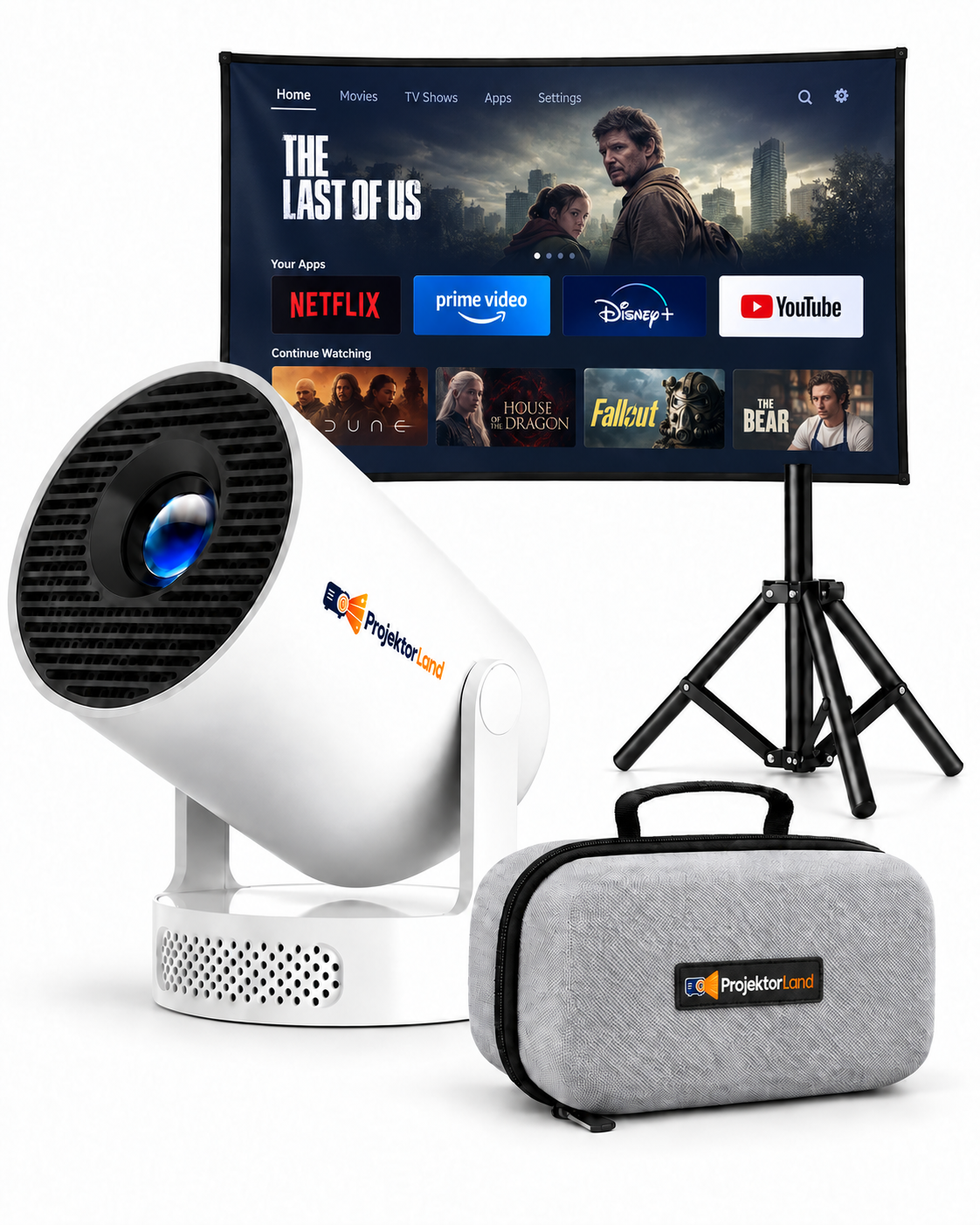 Luma One avec écran 80 pouces, trépied et sac ProjektorLand ; aperçu illustratif des applications de streaming