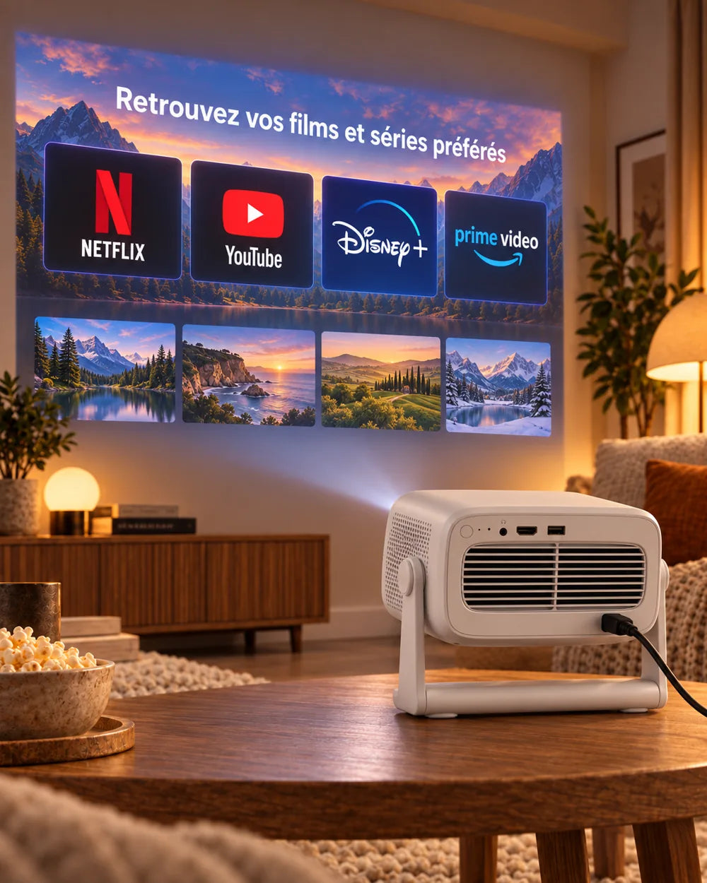 Vidéoprojecteur Panorama – 900 lumens ANSI, Full HD 1080p, Android TV 11, autofocus et support à 200°